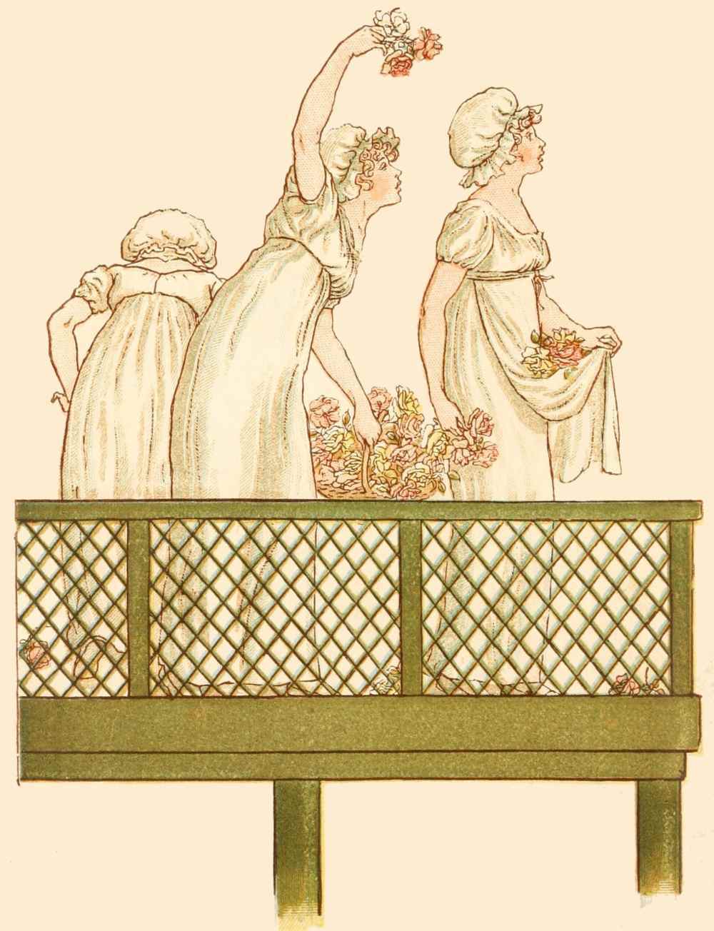 three victorian young ladies on a terrace with flowers