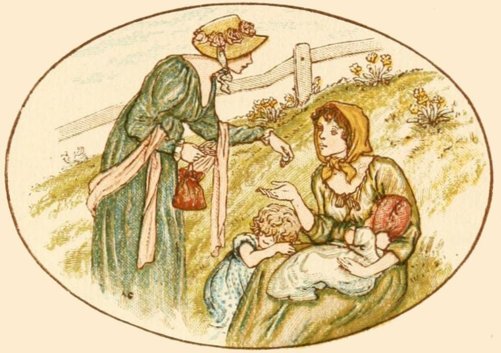 Drawing of a victorian lady giving money to a poor woman