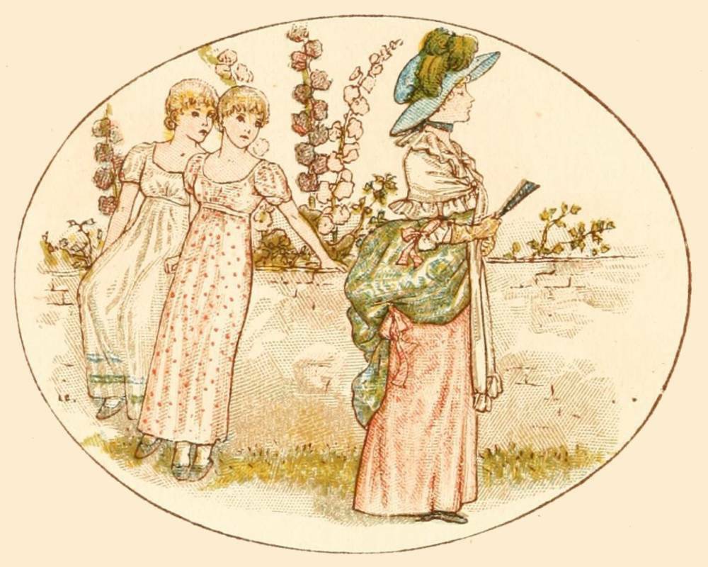 two victorian girls looking at a snooty lady