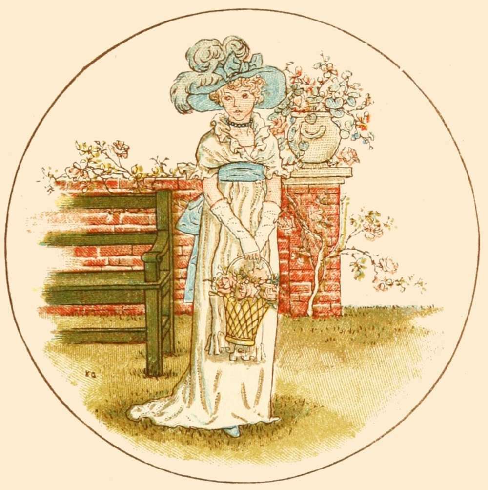 victorian drawing of a victorian lady with a flower basket