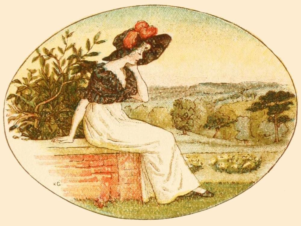 drawing of a victorian lady sitting on a garden wall