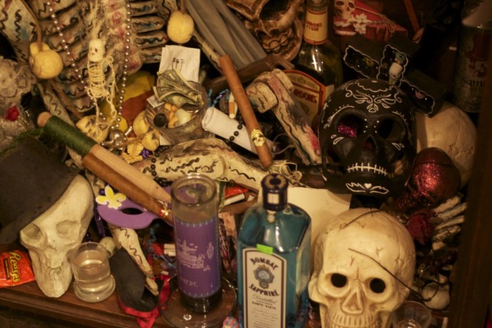 Crazy altar cluttered up with all sorts of magic madness